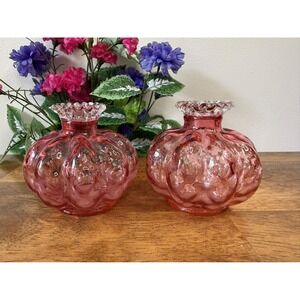 Cranberry Pink Ruffled Art Glass Candle‎ Holders or Vases Likely Fenton Vintage